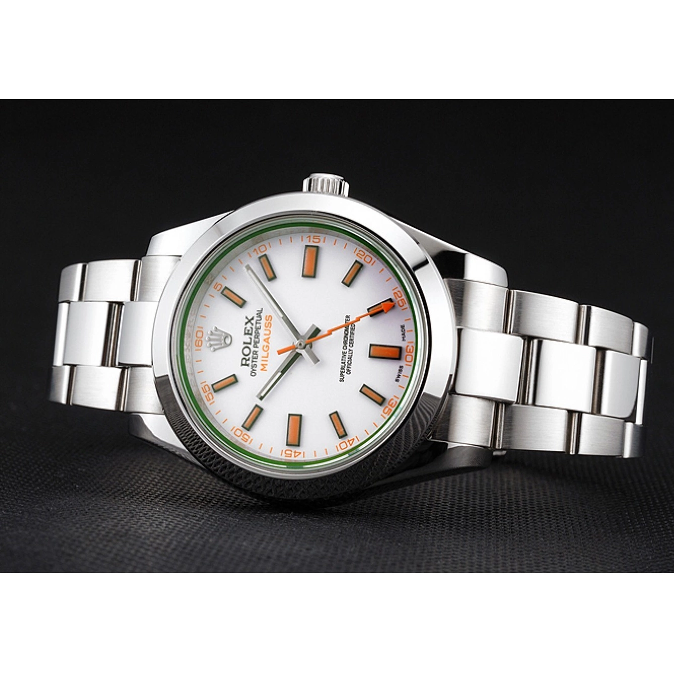 Rolex copies cheap Steel Case White Rolex Stainless Dial Bracelet Swiss Orange Milgauss And Markings 0612